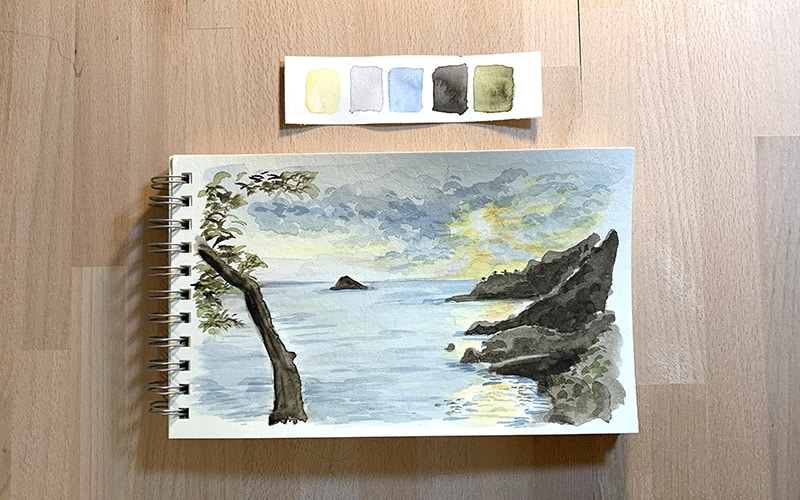 aquarelle paysage de mer au coucher du soleil