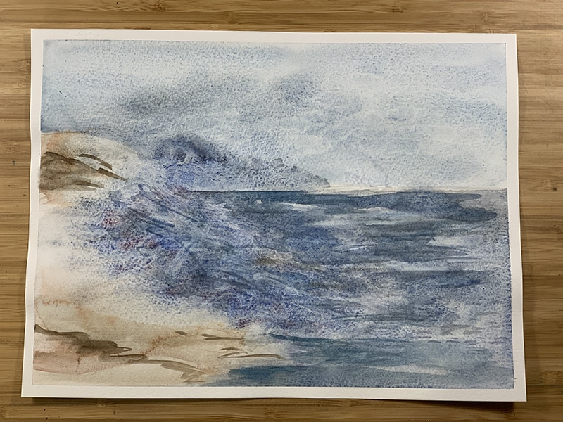 aquarelle finie de paysage de mer avec granulation réalisée par creativ-ariane
